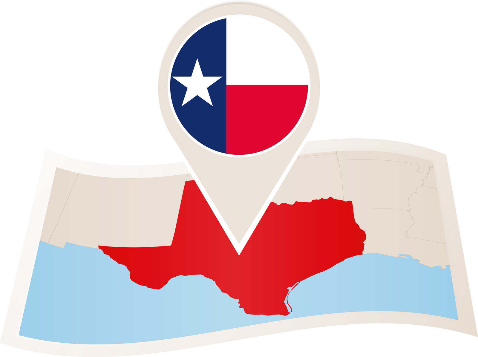 Folded paper map of Texas  U.S. State with flag pin of Texas.